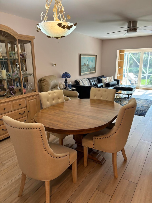 dining area featuring ceiling fan and light wood-type flooring