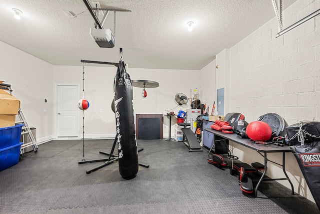 garage with electric panel and a garage door opener