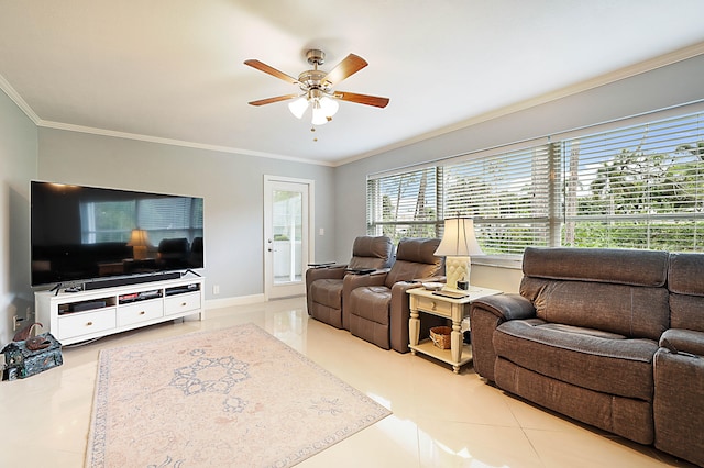 living room featuring tile patterned flooring, ceiling fan, and ornamental molding