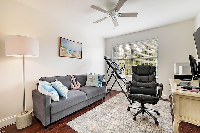 home office featuring ceiling fan and dark hardwood / wood-style flooring