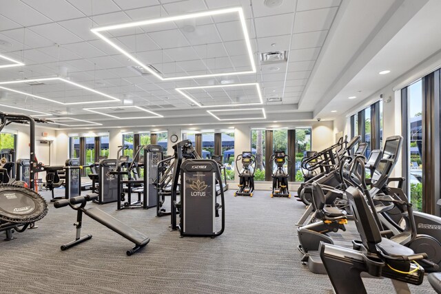 gym with a paneled ceiling and light colored carpet