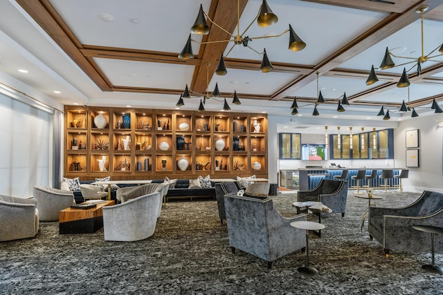 living room featuring carpet, bar, and coffered ceiling