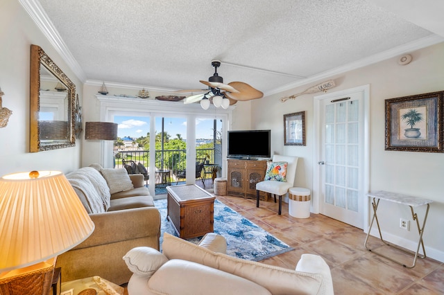 tiled living room with ceiling fan, crown molding, and a textured ceiling