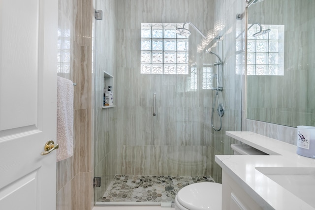 bathroom with vanity, toilet, and a shower with door