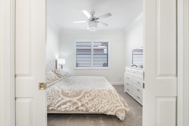 bedroom featuring carpet flooring, ceiling fan, and ornamental molding