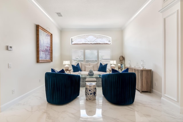 living room featuring crown molding