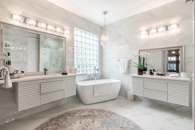 bathroom with shower with separate bathtub, vanity, and tile walls