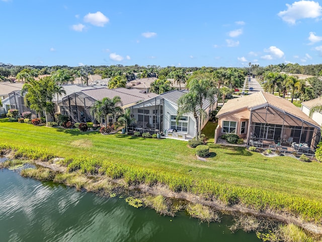 drone / aerial view featuring a water view