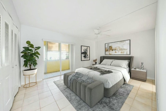 tiled bedroom featuring a closet and ceiling fan