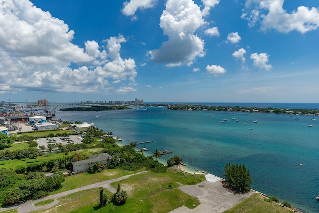 drone / aerial view featuring a water view