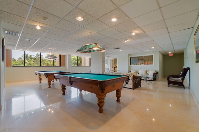 playroom featuring billiards, a drop ceiling, and light tile patterned floors