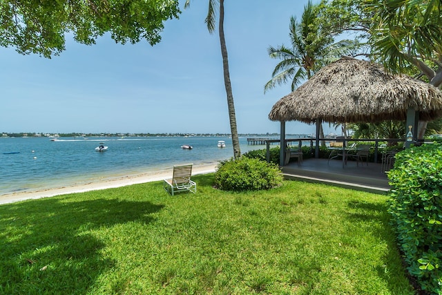 water view featuring a beach view and a gazebo