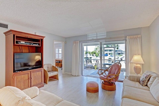 living room featuring light hardwood / wood-style floors and a textured ceiling