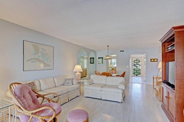 living room featuring a textured ceiling and light wood-type flooring