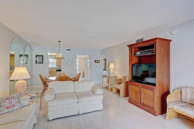 living room featuring light hardwood / wood-style floors and a textured ceiling