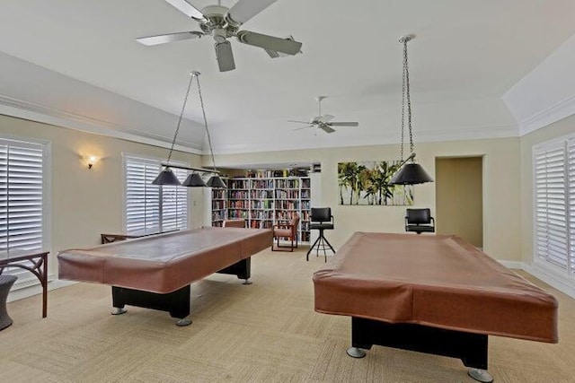 recreation room with light carpet, ceiling fan, ornamental molding, and pool table