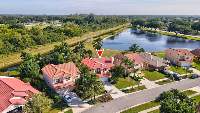 aerial view featuring a water view