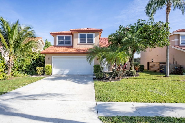 mediterranean / spanish-style home with a front lawn and a garage