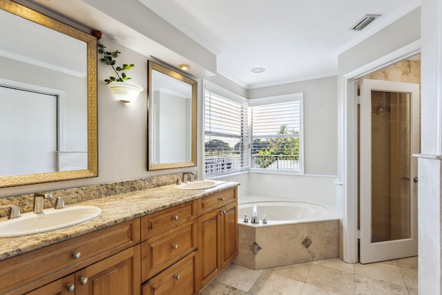 bathroom featuring vanity, separate shower and tub, and ornamental molding