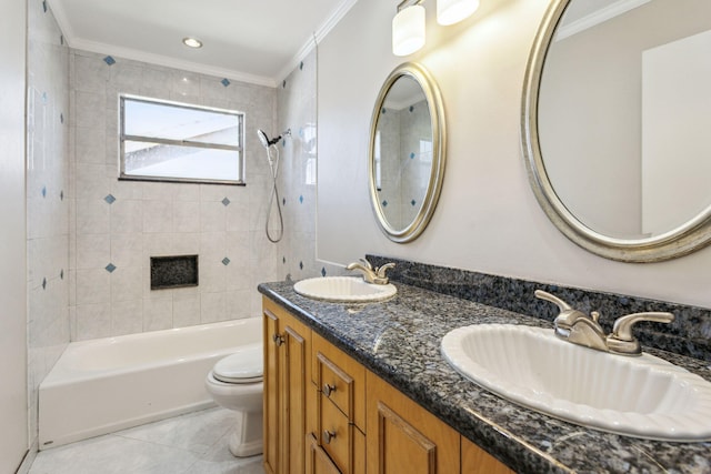 full bathroom featuring tile patterned flooring, ornamental molding, toilet, vanity, and tiled shower / bath