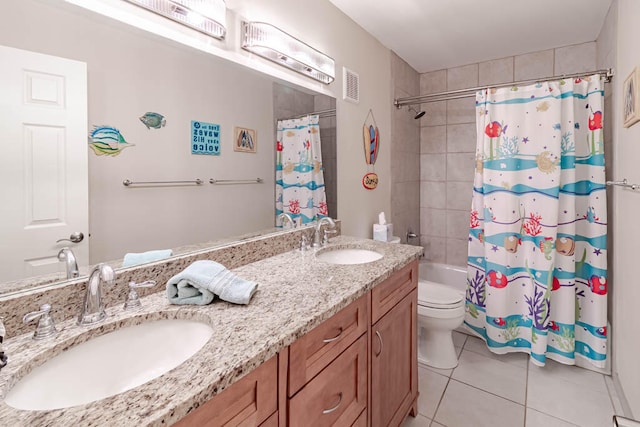 full bathroom with toilet, vanity, tile patterned floors, and shower / bathtub combination with curtain