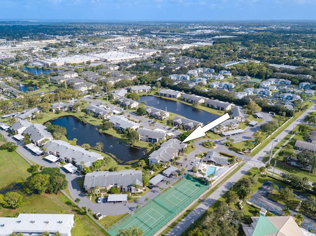 aerial view featuring a water view