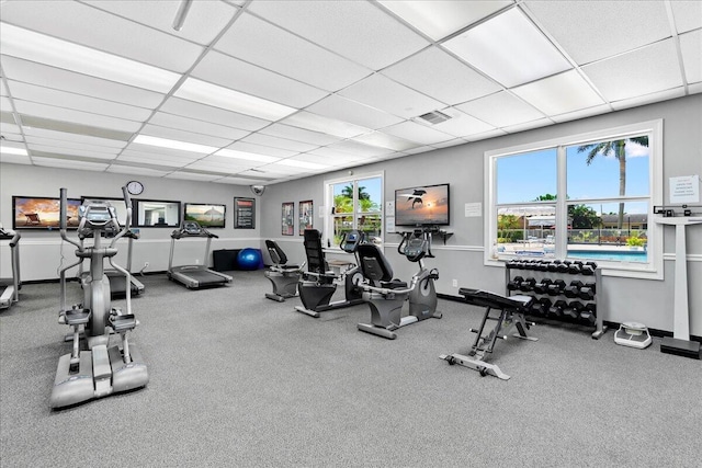 workout area with a paneled ceiling, a healthy amount of sunlight, and carpet floors