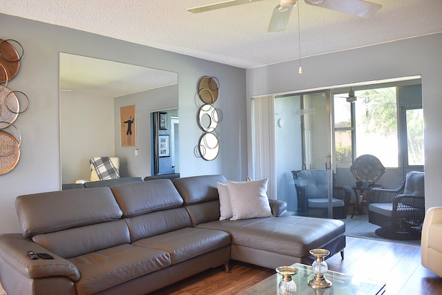 living room featuring wood-type flooring, a textured ceiling, and ceiling fan