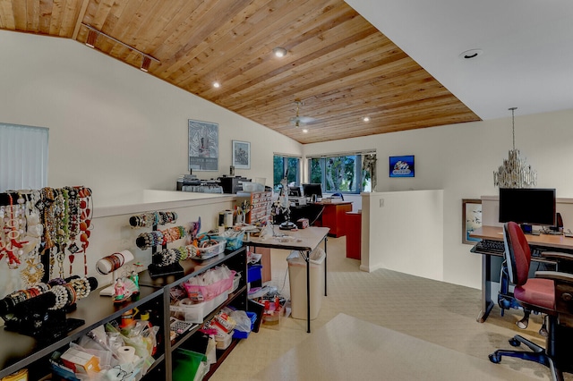 carpeted office with ceiling fan, lofted ceiling, and wooden ceiling