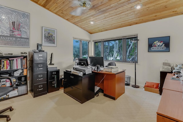 office area featuring lofted ceiling, ceiling fan, light colored carpet, and wood ceiling