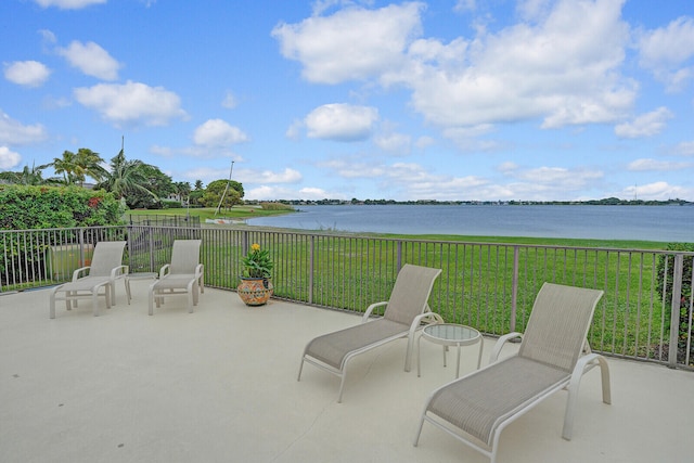 view of patio / terrace featuring a water view