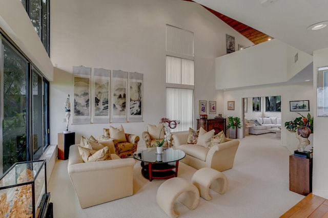 living room featuring wood-type flooring and high vaulted ceiling