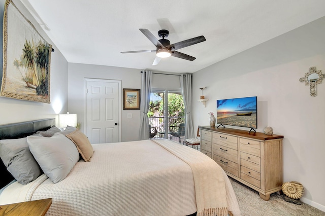 carpeted bedroom with access to exterior and ceiling fan