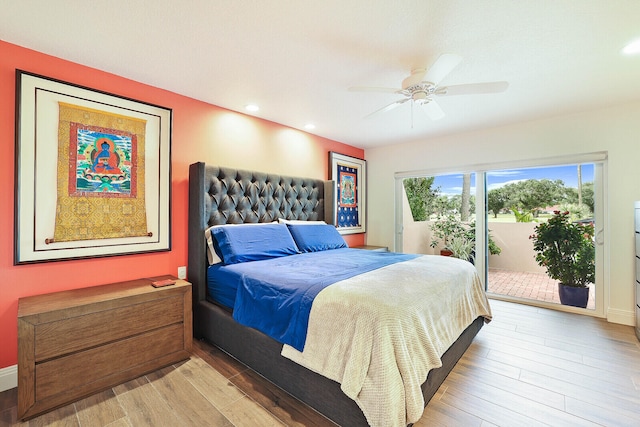 bedroom with ceiling fan, light hardwood / wood-style floors, and access to outside