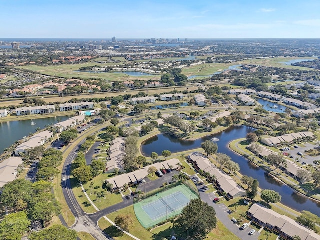 drone / aerial view featuring a water view