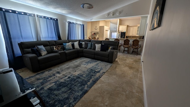 living room featuring lofted ceiling and a textured ceiling