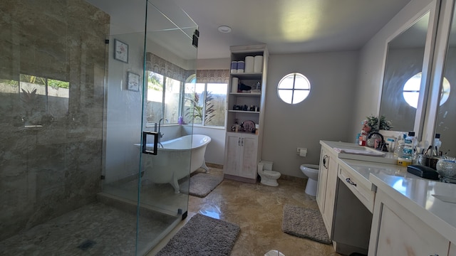 full bathroom with a wealth of natural light, vanity, shower with separate bathtub, and toilet