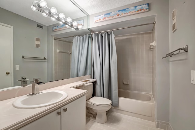 full bathroom featuring tile patterned floors, shower / bath combination with curtain, toilet, and vanity