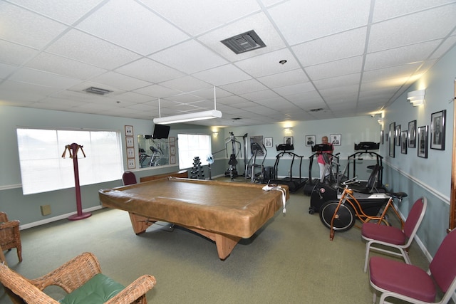 playroom featuring a paneled ceiling, plenty of natural light, and billiards