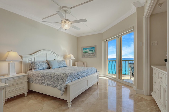 bedroom featuring access to exterior, ceiling fan, crown molding, and a water view