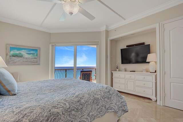 bedroom featuring ceiling fan, access to outside, and crown molding