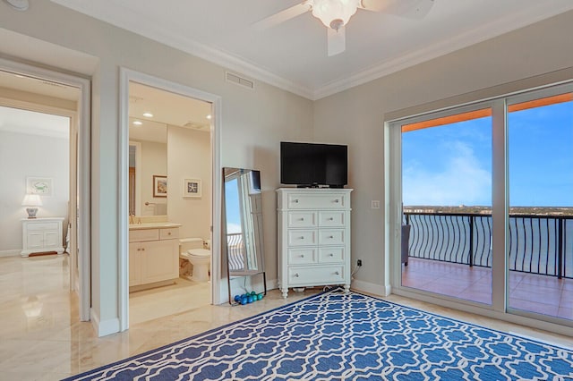 bedroom featuring ceiling fan, access to outside, crown molding, and connected bathroom