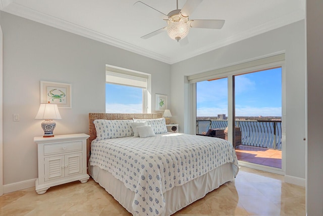 bedroom with ceiling fan, access to outside, and crown molding