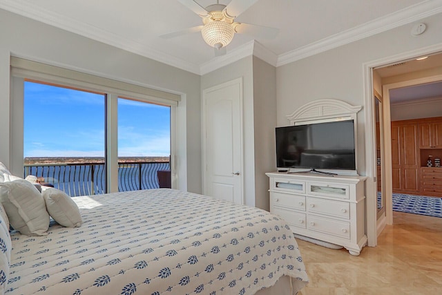 bedroom featuring ceiling fan, crown molding, access to exterior, and a water view