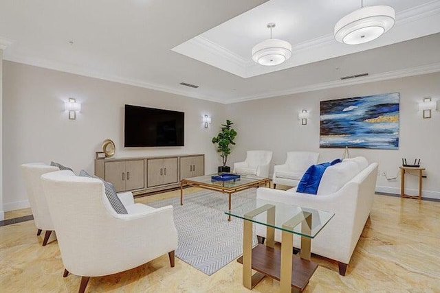 living room with crown molding