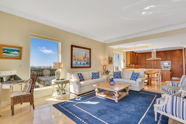 living room featuring tile patterned flooring and crown molding