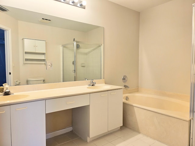 full bathroom with vanity, tile patterned flooring, plus walk in shower, and toilet