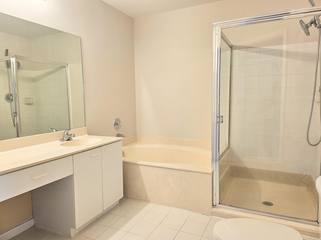 full bathroom featuring vanity, tile patterned flooring, plus walk in shower, and toilet