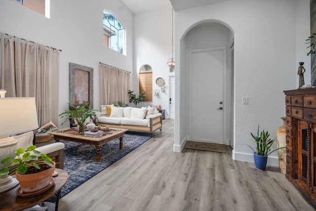 interior space featuring light hardwood / wood-style floors and a high ceiling