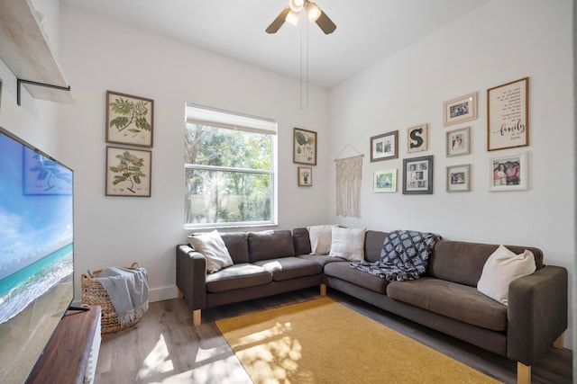 living room featuring hardwood / wood-style floors and ceiling fan